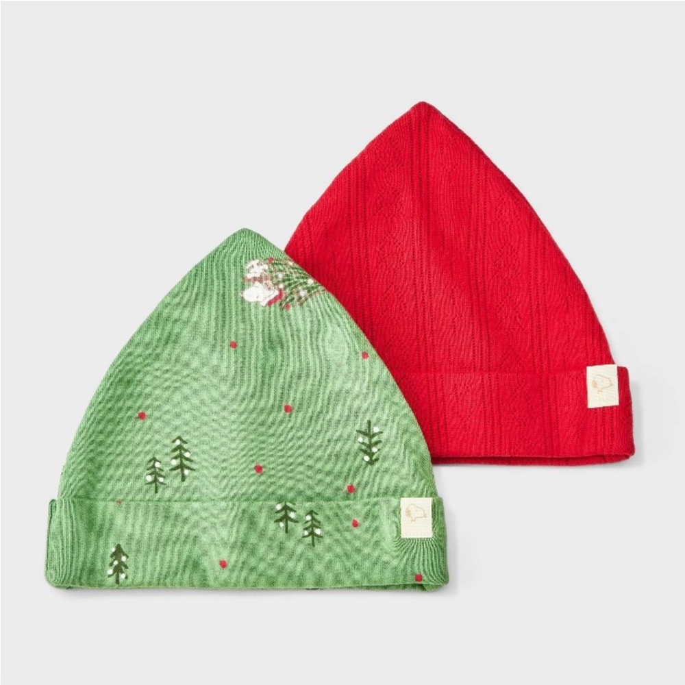 2 PC PEANUTS Snoopy Size Newborn Soft Christmas Beanies Green Red Trees - Picture 4 of 4